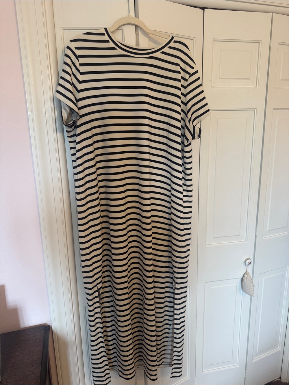Spanx Air Essentials Striped Short-Sleeve Maxi Dress in Black and White- 2X